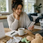 Woman reviewing a phone while sitting at a table with a laptop, calendar, notebook, and laundry basket