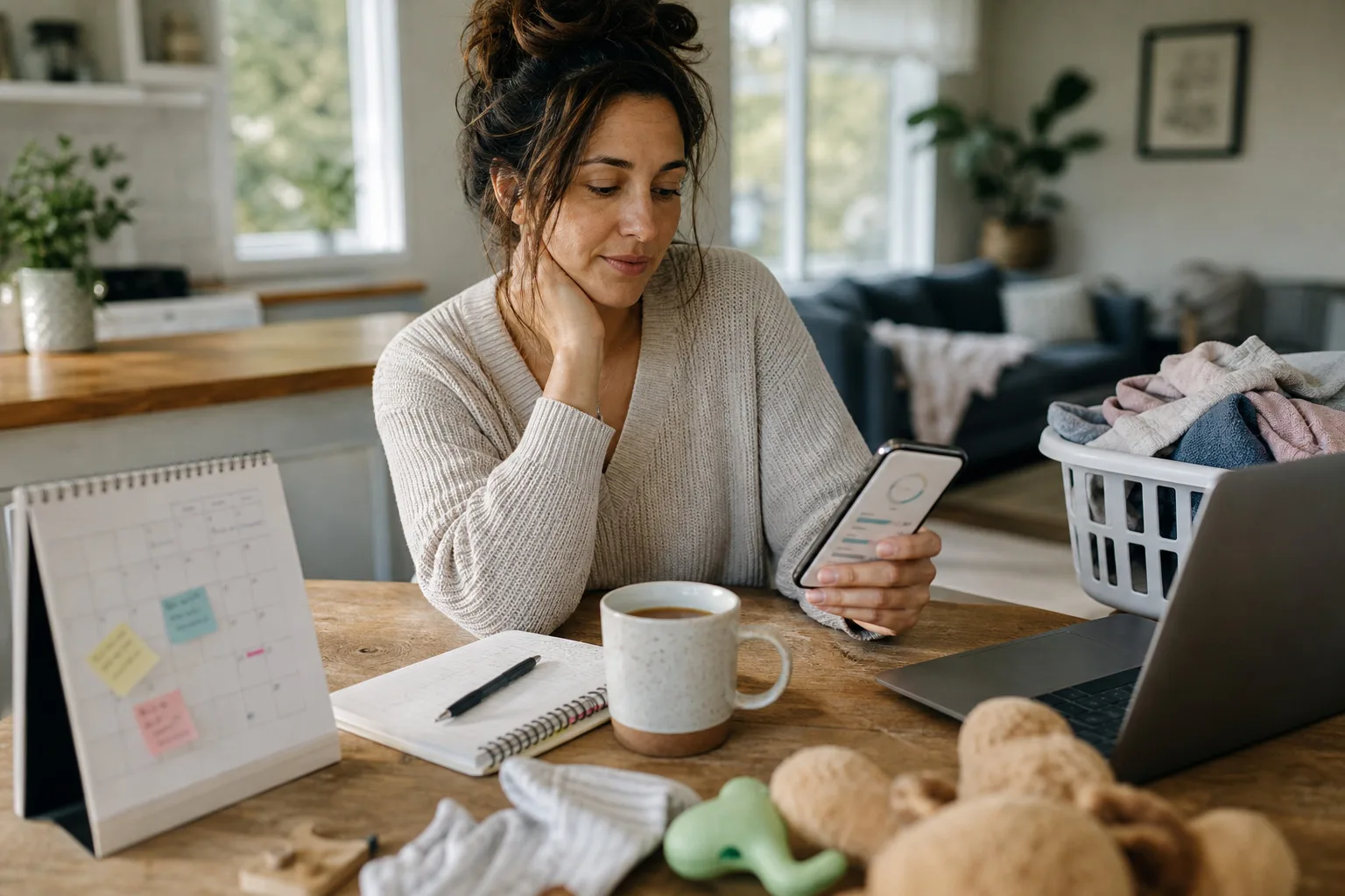 Woman reviewing a phone while sitting at a table with a laptop, calendar, notebook, and laundry basket