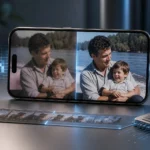 A phone screen shows a faded old photo being restored to a clear image of a man holding a smiling child by the water