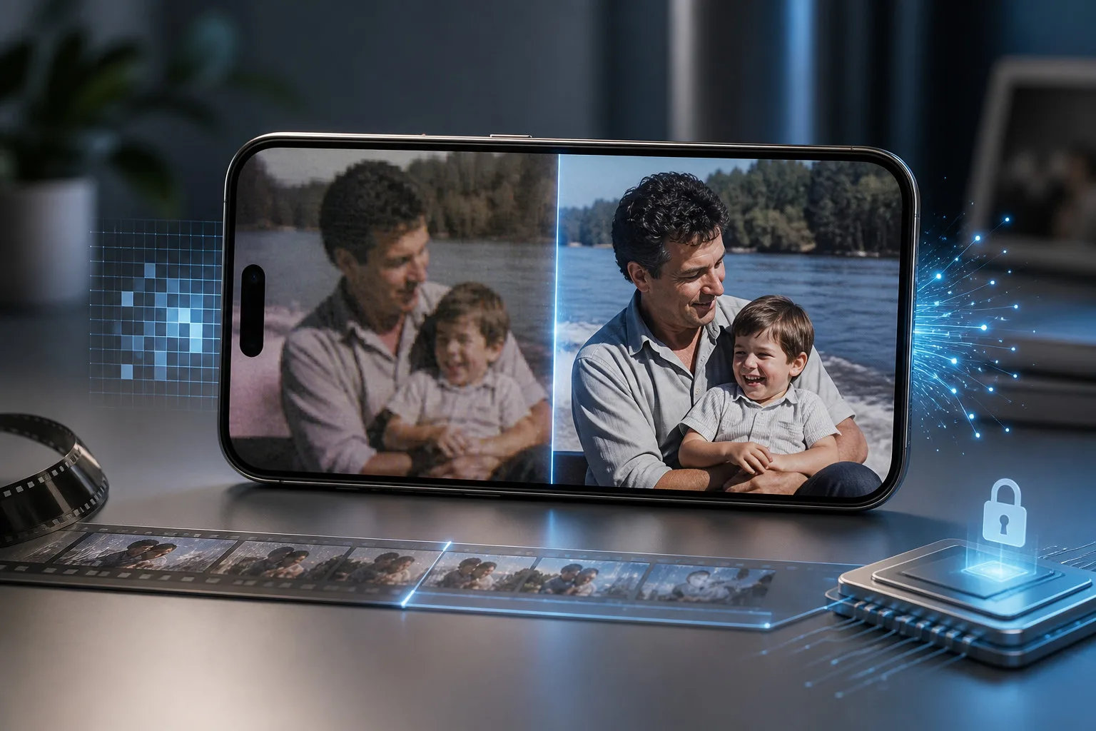 A phone screen shows a faded old photo being restored to a clear image of a man holding a smiling child by the water