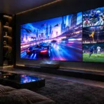 Luxury living room with a large wall-mounted display showing a futuristic race and sports scenes