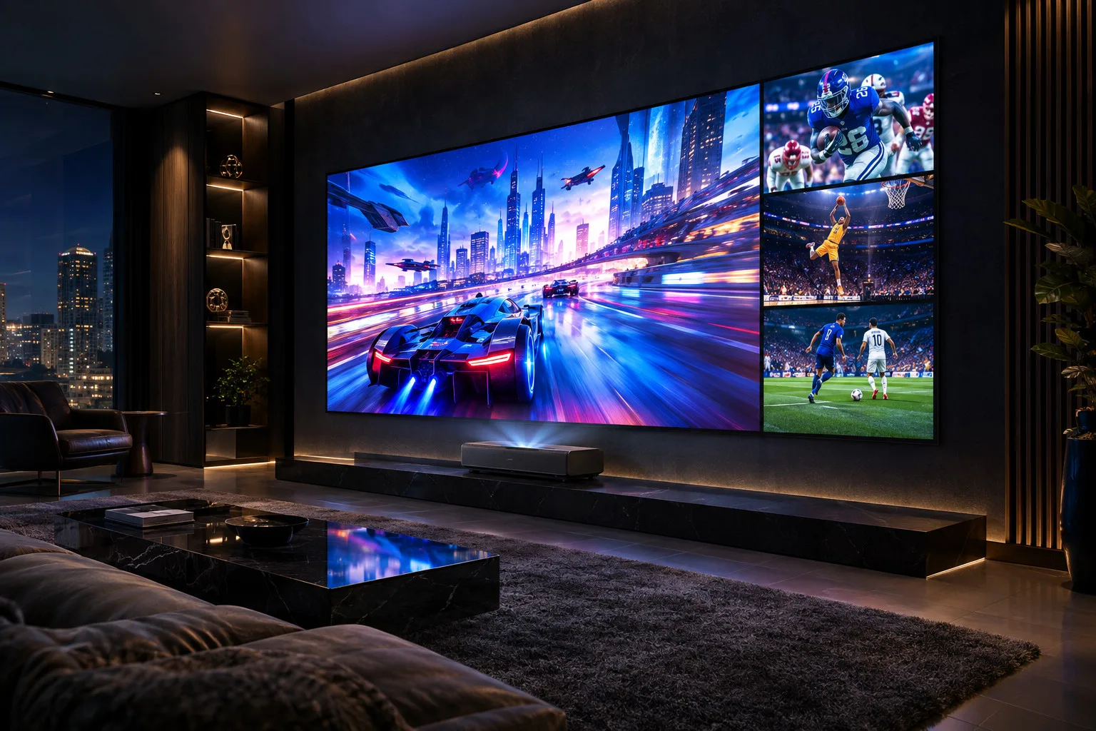 Luxury living room with a large wall-mounted display showing a futuristic race and sports scenes