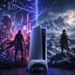 PlayStation 5 console and controller between a futuristic cityscape and a snowy mountain gaming scene