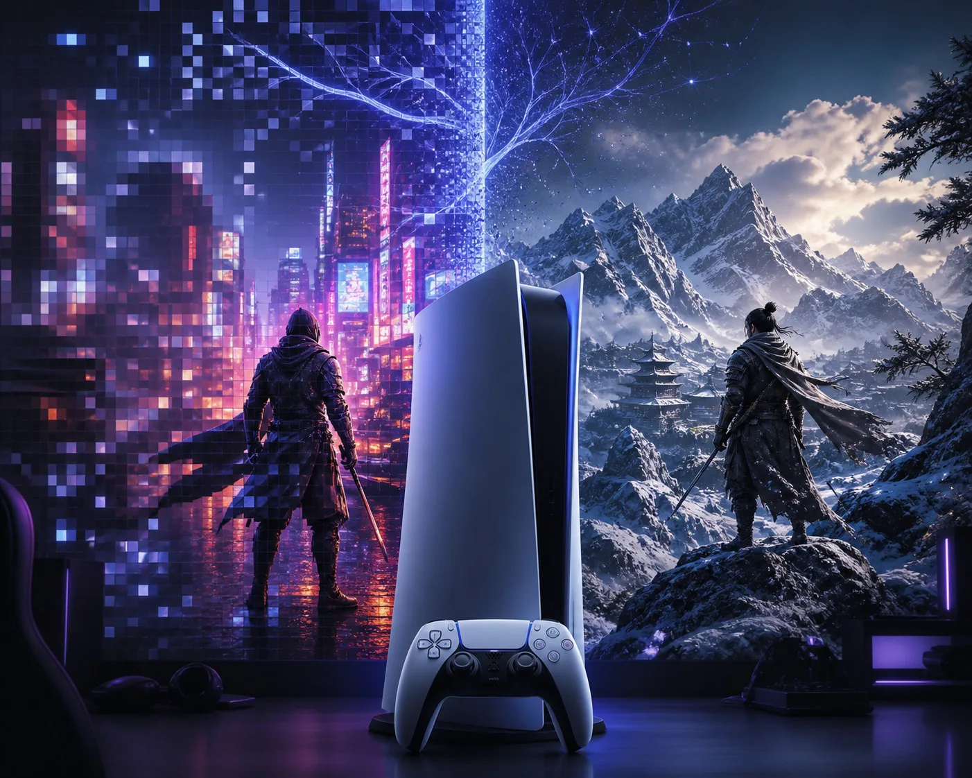PlayStation 5 console and controller between a futuristic cityscape and a snowy mountain gaming scene